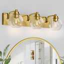 3 Light Bathroom Light Fixtures-Brushed Gold Bathroom Vanity Lights, Modern Vanity Lights 3-Light Bathroom Lighting Fixtures Over Mirror with Clear Glass Globe Shade