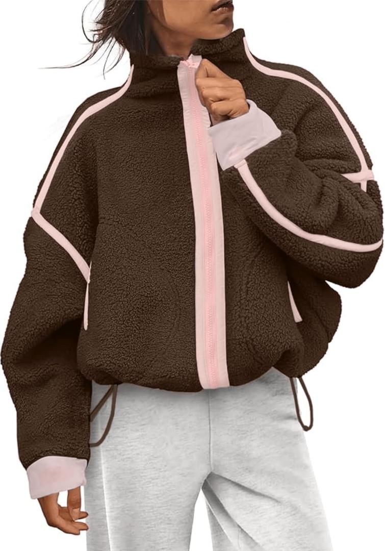 Aimiray Fleece Jackets Women Long Sleeve Zip Up Stand Collar Sherpa Jackets Warm Soft Trendy Teddy Outerwears with Pockets (Brown, L)