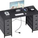 Pamray 47 Inch Home Office Desk with 8 Fabric Drawers and Power Outlet PC Gaming Desk Home Office Study Work Writing Table for Bedroom Black