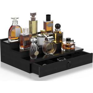upcessory Cologne Organizer for Men, 3 Tier Wood Perfume Organizer with Felt Lining Drawer and Hidden Compartment, Black Perfume Display Holder, A Gift for Men