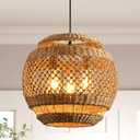 15.8in Large Rattan Chandeliers Round Brown Wicker Pendant Lights Boho Dining Light Fixture Farmhouse Chandelier Woven Hanging Ceiling Lighting for Kitchen Island Bedroom Restaurant Entryway (H020)