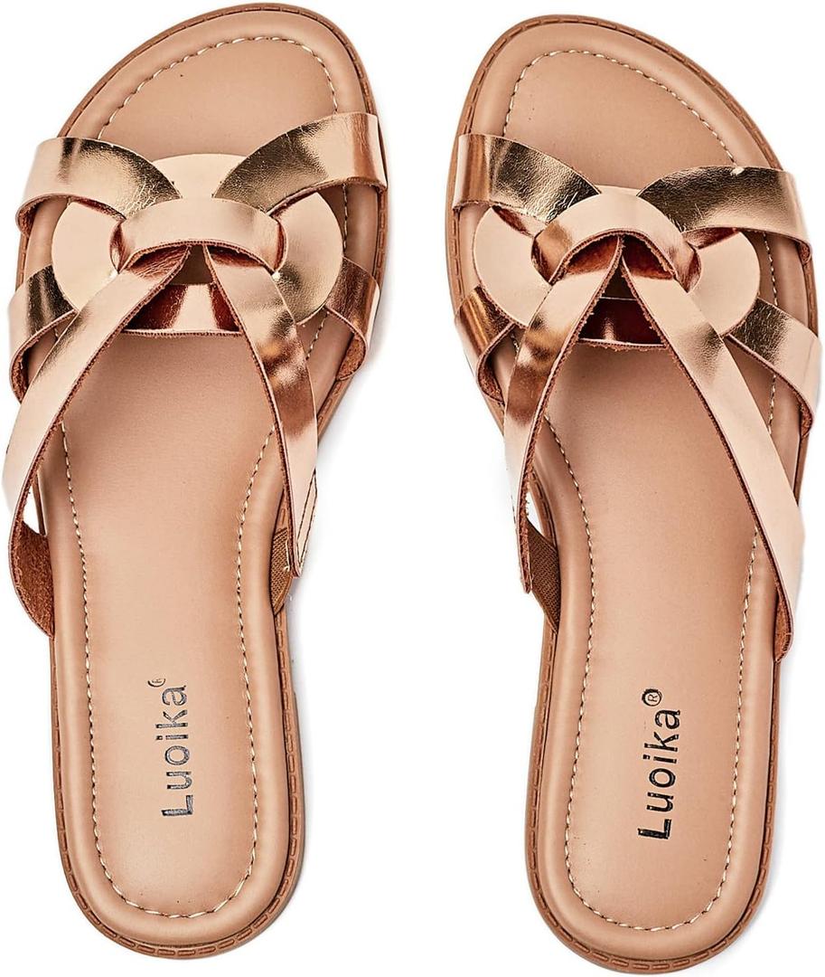 Luoika Women's Wide Width Flat Slides Sandals, Slip on Casual Comfortable Summer Beach Shoes, Size: 9.5 X-Wide