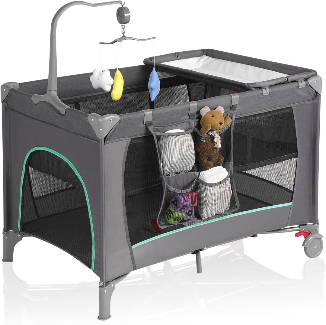 Pack and Play,Portable Baby Crib with Changing Table | Foldable Travel Crib & Playpen | JPMA Certified Safe Design | Breathable Mesh + Washable | Carry Bag Included (B-Grey) (B-grey)