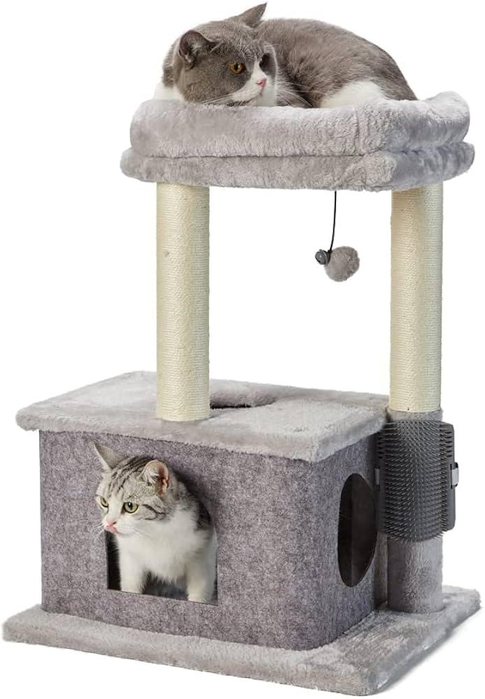 MECOOL Cat Tree,Scratching Posts with Condos Cats Tower Beds and Dangling Ball Toys,Massage Brush 5in1 Multi-Purpose for Indoor Kittens and Cats, Grey