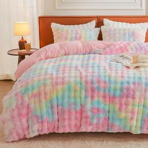 EMME Faux Fur Duvet Cover King Size, 3 Pieces Ultra Soft Fluffy Comforter Cover, Cozy Warm for Winter, Luxury Elegant Shaggy Bubble Design Bedding, 1 Duvet Cover & 2 Pillow Shams (King, Rainbow)