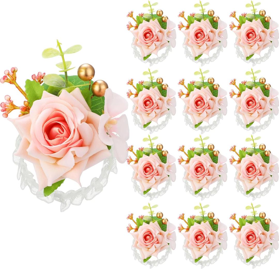 Sherr Set of 12 Rose Wrist Corsages for Wedding Corsage Flower Wristlet Floral Wedding Wrist Bridal Rose Leaf Hand Flowers for Bride Bridesmaid Prom Engagement Festival(Pink)