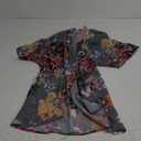 Women's Floral Print Puff Sleeve Kimono Cardigan Loose Cover Up Casual Blouse Tops (Aa Dark Grey), S