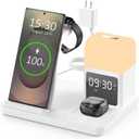 Wireless Charger for Samsung/Android Charging Station, 6 in 1 Fast Watch Charger with Alarm Clock-Night Light, Compatible for Galaxy S25 Ultra/S24, Only for Samsung Watch8/7, Galaxy Buds3 Pro(White)