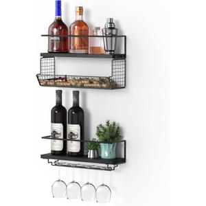 Wall Mounted Wine Rack Set of 2 - Wine Shelf with Mesh Basket and Glass Holder, Ideal for Home Decor & Kitchen Storage, Stylish Wine Bottle Holder and Wall Shelves, Black