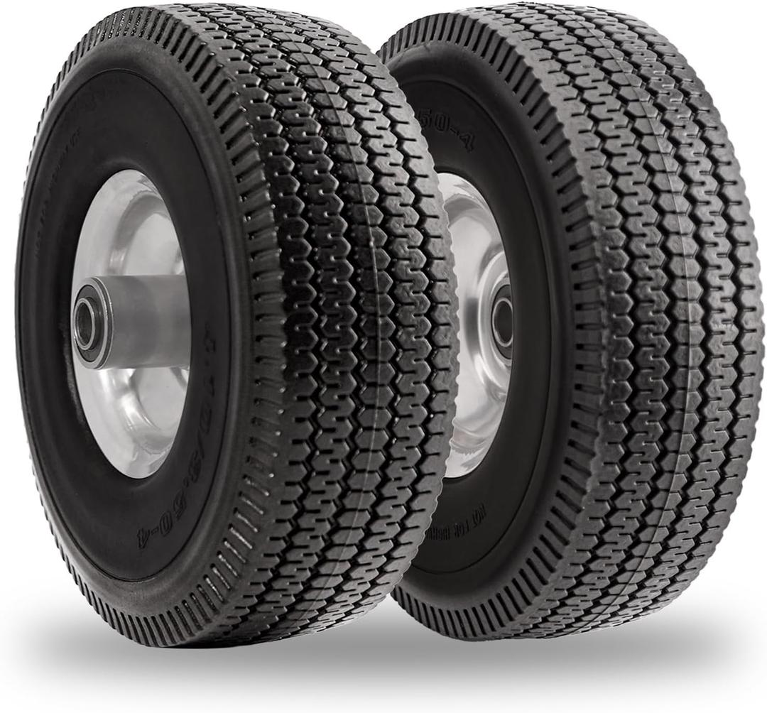 10 Inch Solid Polyurethane Tire 4.10/3.50-4 Tire, 10" Flat Free Wheels with 5/8" Bearings, 2.2" Offset Hub for Garden Cart, Hand Truck, Lawn Cart, Mower (2 Pack)