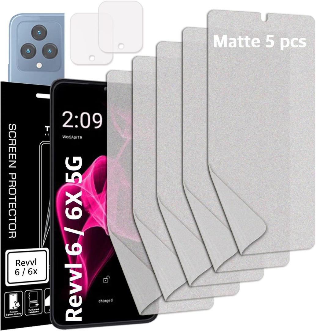 [5+2] 5 Anti-glare(matte) TPU film Screen protector + 2 Lens Protector compatible with REVVL 6x 5G 2023 Easy to Install TPU Film screen protector Scratch Resistant [Perfect Fit for 3D edge Screen]