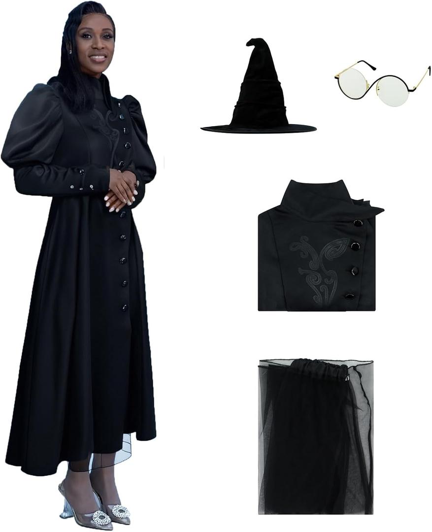 Women Elphaba Costume West Bad Witch Dress Glasses Hat Halloween Wizard Themed Party Outfit Black (X-Large)