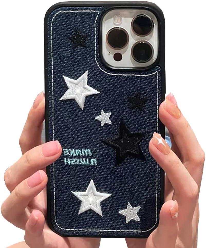 Casechics Compatible with iPhone Case,Cool Denim Fabric Embroidery Star Silicone Camera Lens Protection Soft Shockproof Cover Phone Case (Blue,iPhone 15 Pro)