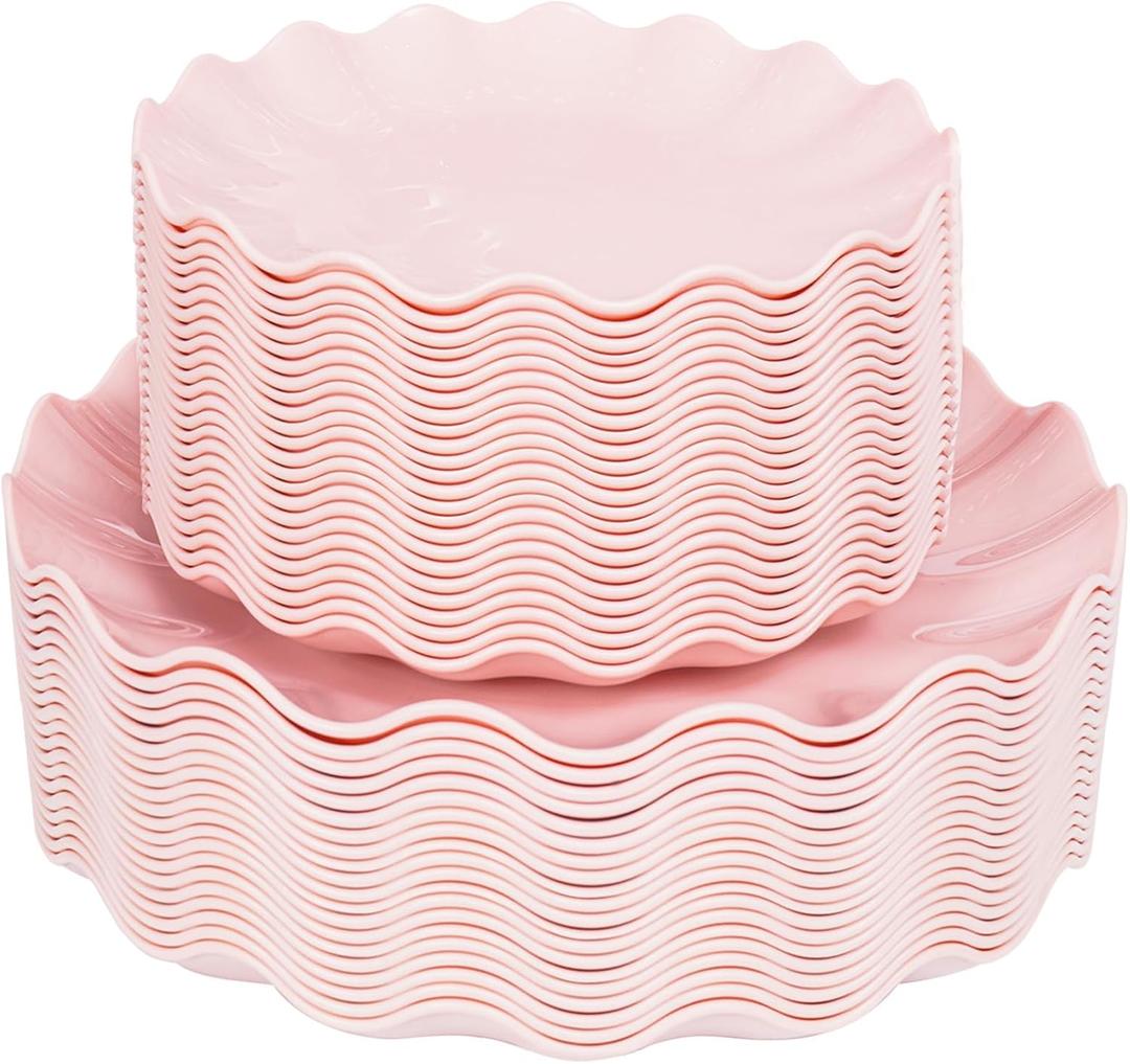 LIYH 50 Pcs Pink Plastic Plates Reusable - Durable and Dishwasher Safe Baby Shower Plates Wavy Daisy Plastic Flower Plate for Party Wedding Birthday Picnics BPA Free (25Guests)