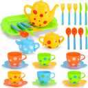 Pretend Play Toy Tea Set for little girls, Kids Role Play Tea Toy Party Set, 28pc Plastic Afternoon Tea Time Playset with Teapot, Cup, Knife, Fork, Spoon, Saucer, Serve Tray.