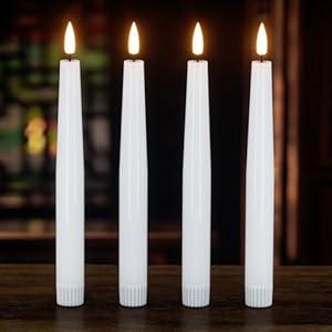 KunSwenn Real Wax Flameless Taper Candles Battery Operated, 8.1” Tall LED Flickering Flameless Candlesticks with 3D Wick, 4 Pcs Electic Candles for Wedding Table Party Decor (White)
