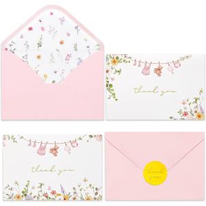 Crisky Baby Shower Thank You Cards with Envelopes & Stickers, 50 Pack Pink Gold Baby Thank You Greeting Cards Bulk for Girl, Watercolor Delicate Wildflower Design
