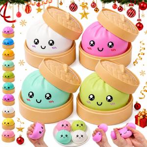 Squishy Dumpling Toy & Steamer 4PCS, Giant Dumpling Squishy Mystery Box, Colorful Dumpling Stress Ball for Anxiety Relief & Focus, Squishys Bun for Kids & Adults, Holiday & Birthday Party Gift