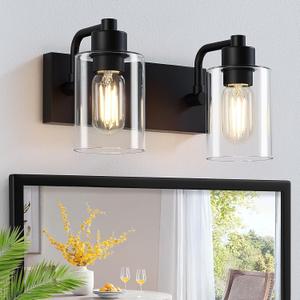 Matte Black 2-Light Bathroom Lights Over Mirror with Clear Glass Shade, Modern Bathroom Light Fixtures for Kitchen Living Room Bedroom Laundry Room