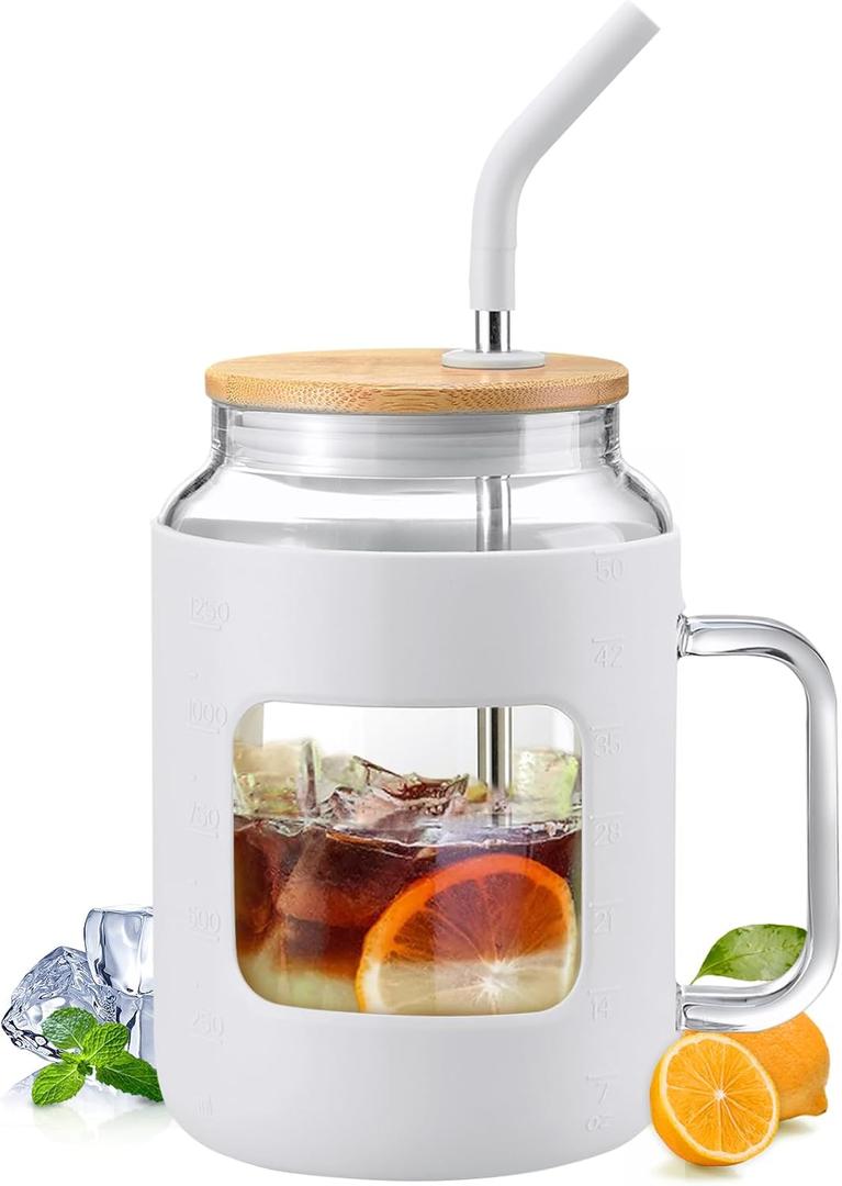 50 oz Glass Water Bottles with Silicone Sleeve,Glass Tumbler with Lid and Straw,Iced Coffee Cup with Handle,BPA Free-White