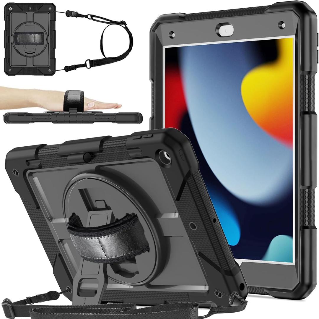 BMOUO for iPad 9th/8th/7th Generation Case 10.2", Shockproof 360 Rotating Stand Shoulder Hand Strap iPad 9th/8th/7th Generation Case with Pencil Holder for iPad 10.2 inch 2021/2020/2019  Black