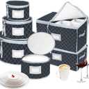 VERONLY China Dinnerware Storage Containers Set- Dish,Mug,Stemware Storage Cases - Quilted Box Bins Stackable with Divider,handles,Clear Window for Cups,Plates,Wine Glasses Moving Set of 6 (Grey