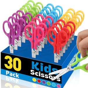 30Pack 5" Small School Student Blunt Kids Craft Scissors, Sharp Stainless Steel Blades Safety Toddler Kid Child Comfort Grip Scissors Bulk for Children Cutting Paper