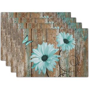 Giwawa Rustic Daisy Placemats Set of 4- Teal Sunflowers on Vintage Wood Board Linen Place Mat- Farmhouse Wooden Non Slip Heat Resistant Table Mats for Dining Kitchen Cabin Lodge Decor