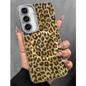 Toycamp for Samsung Galaxy S24 FE Case - Compatible with Magsafe Aesthetic Cute Holographic Galaxy S24 FE Case with Diamond Bling Lens Protector Cover for Women Girls, Brown Leopard