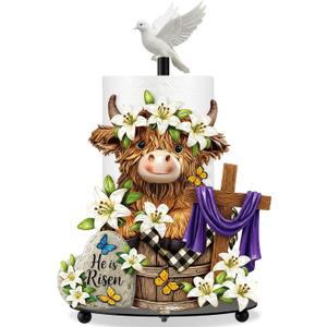 Chunful Easter Highland Cow Metal Paper Towel Holder, 12.6 Inch Tall He is Risen Religious Kitchen Decor with Cross & White Floral, Non-Slip Round Base for Bathroom Countertop or Christian Gift