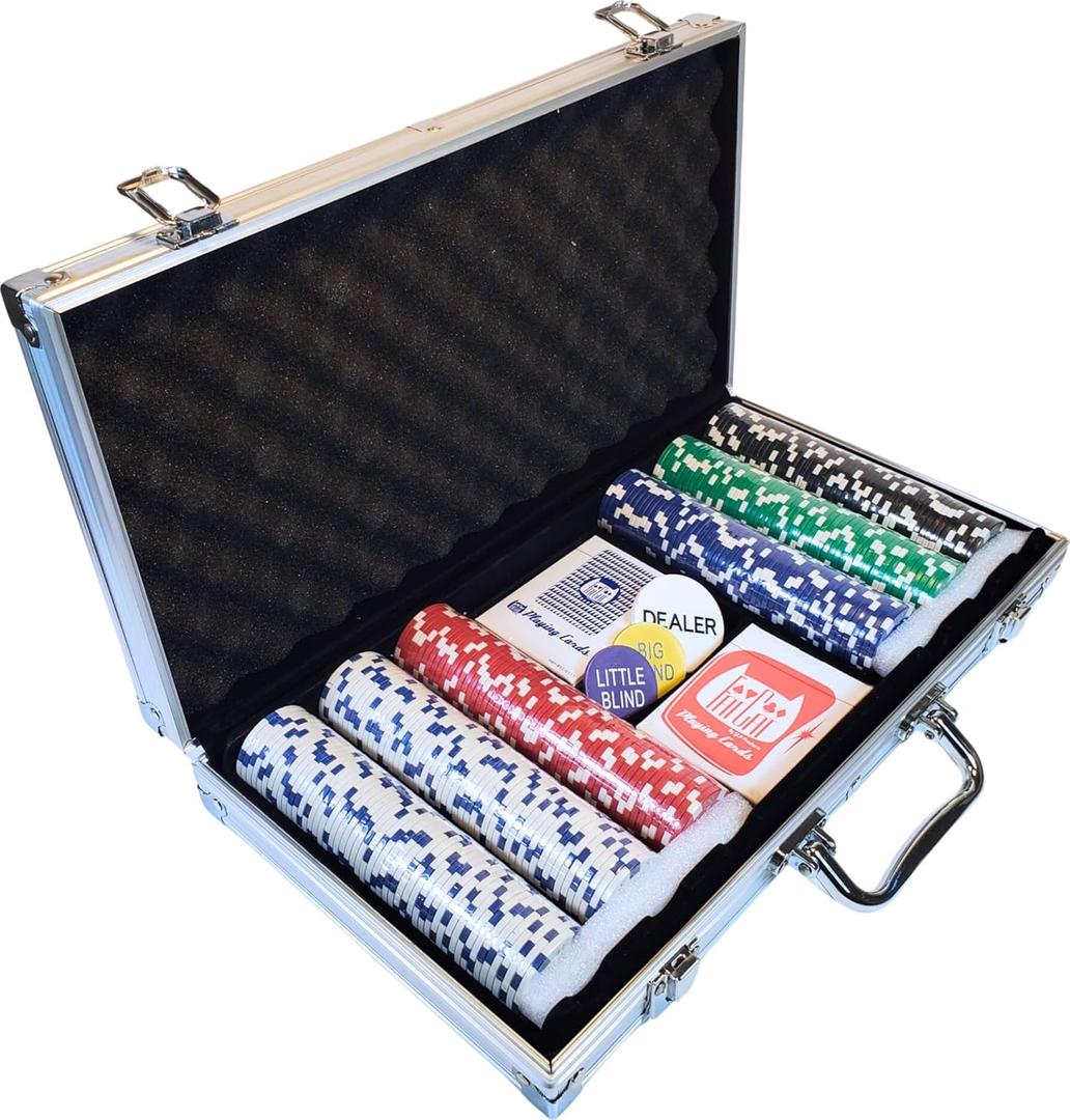 Fat Cat 11.5 Gram Texas Hold 'em Claytec Poker Chip Set with Aluminum Case, 300 Striped Dice Chips