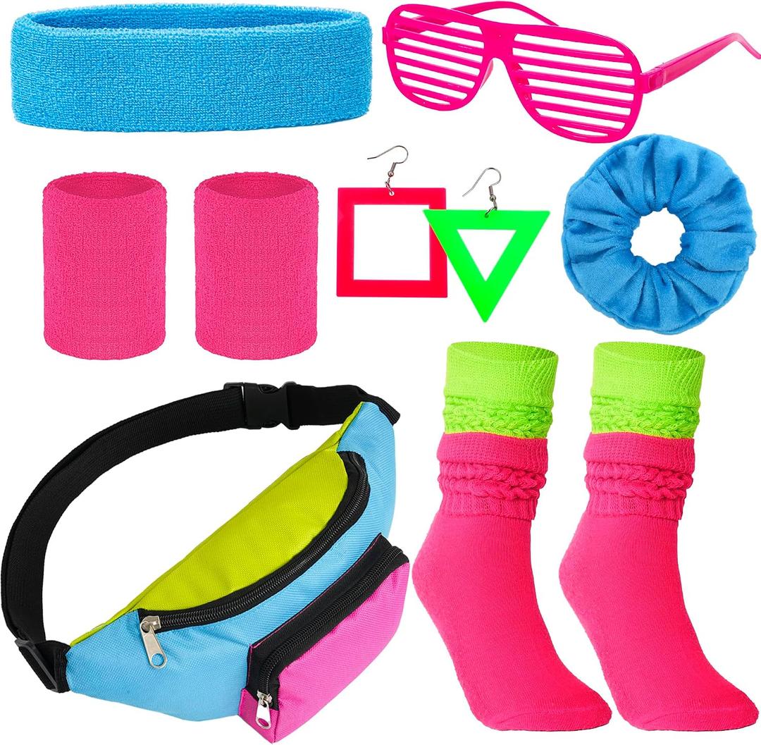 YAROMO 80s Neon Costume Set, 80s 90s Leg Warmers Yoga Headband Wristband Fanny Pack for Women