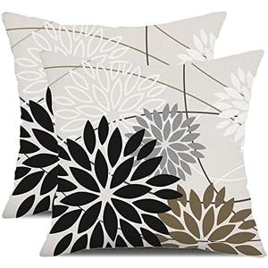 Black Brown Outdoor Pillow Covers 20x20 Inch Set of 2 White Gray Flower Throw Pillows Farmhouse Outdoor Modern Floral Polyester Square Cushion Case Decor for Sofa Patio Funiture Garden 01A20