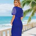 Floral Mesh Bishop Long Sleeve Maternity Midi Dress, Fall Maternity Bodycon Dress for Baby Shower (Short Sleeve Royal Blue, S)