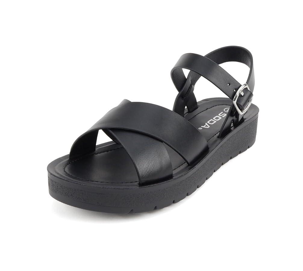 Soda CHESTER ~ Women Flat Sandals Flatform Ankle Buckle Criss Cross Band Straps Sandals Shoes, Size 8