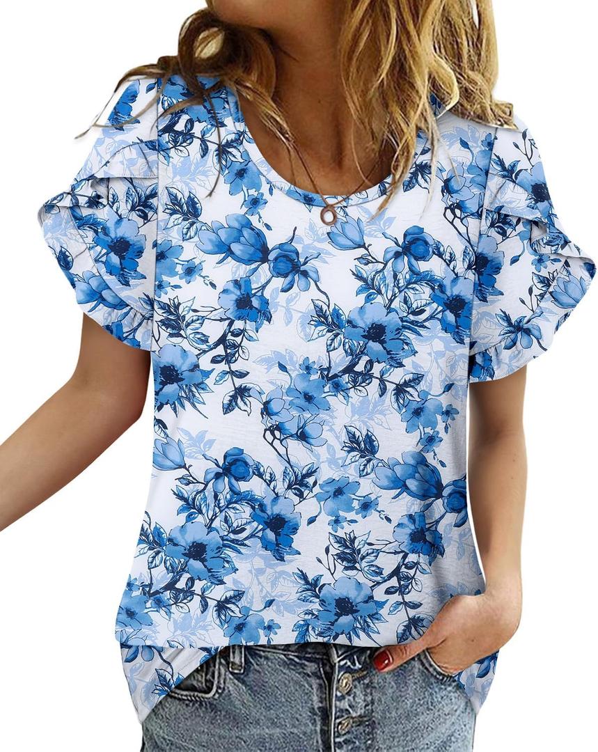 CRAZY GRID Women's Shirts Summer Casual Crewneck Ruffle Short Sleeve Blouses Cute Floral Print Tunic Tops (Blue, S)