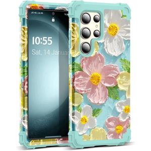 for Galaxy S23 Ultra Case,3 in 1 Oil Painting Flower Pattern Heavy Duty Shockproof Protection Silicone Rubber Bumper+Hard Plastic Protective Cover for Samsung S23 Ultra 6.8",Green Flower