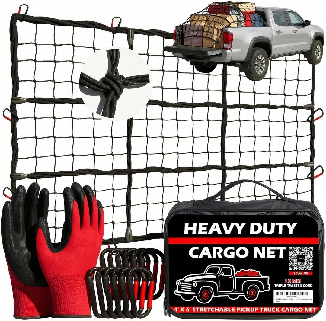 Heavy Duty Cargo Net for Pickup Truck Bed, 4'x6' Stretches to 8'x12' - 4"x4" Mesh 10mm Bungee Truck Bed Net with 12 Metal Carabiners, Anti-Slip Gloves & Guide for Trucks, SUV, Roof Rack