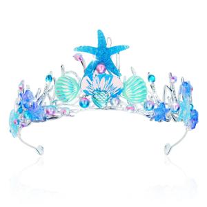 YARIEW Mermaid Crown, Costume Tail, Starfish, Fish Scales, Seashell Hair Accessories for Girls, Wide Headband, Birthday Party Gifts (Blue)