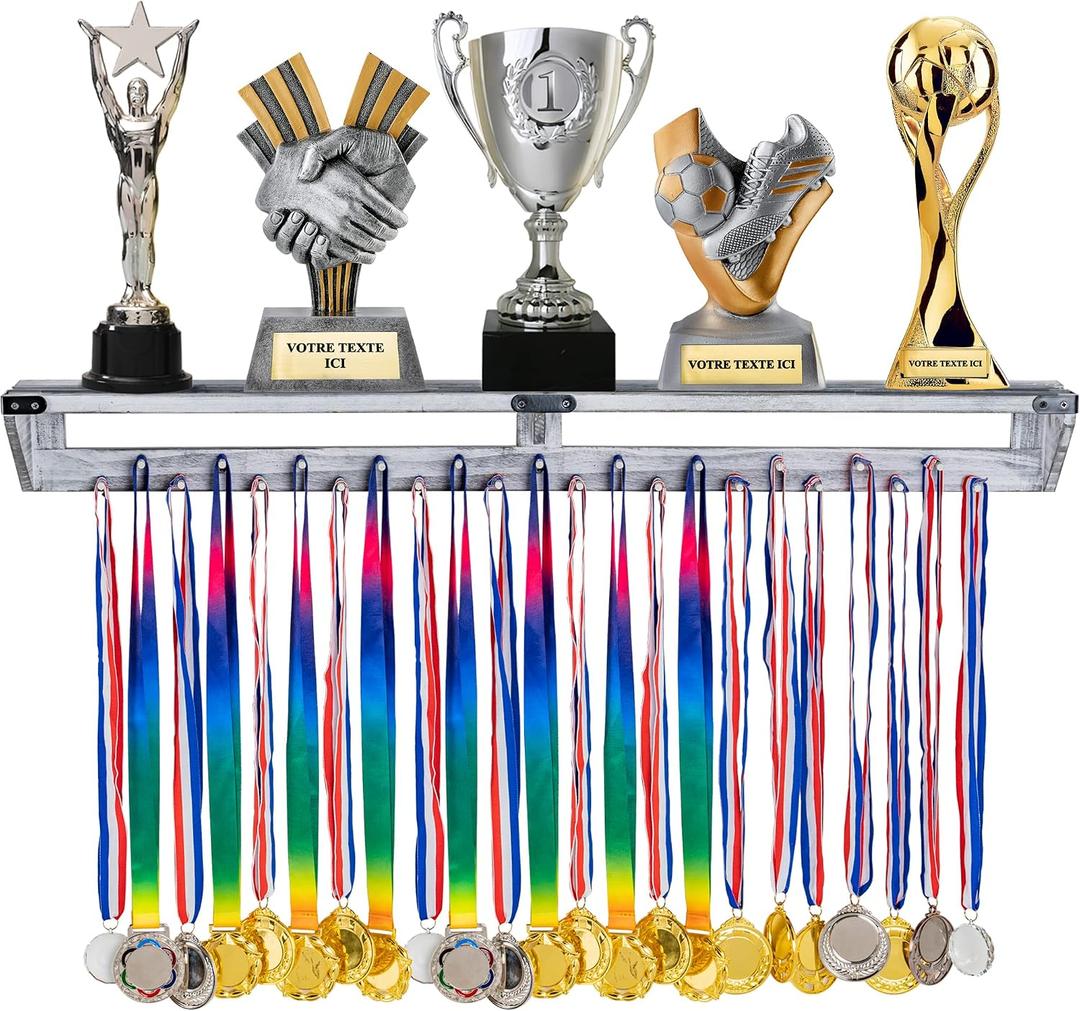 LAVIEVERT Gymnastic Medal Hanger with Storage Shelf, Wooden Wall-Mounted Trophy Shelf, Race Medal Display Rack Holder with 23 Hanging Bars