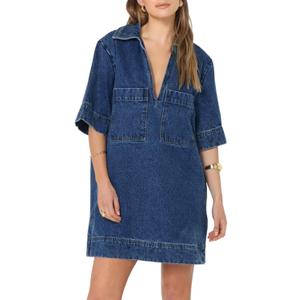 Fisoew Womens Denim Shirt Dress Summer Collared V Neck Mini Casual Jean Dresses with Pockets (X-Small, Khaki)