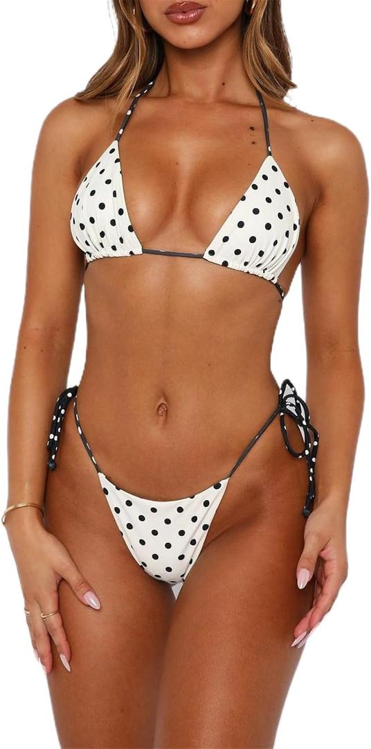 Women Sexy Brazilian Bikini Set Halter String Triangle Tie Side Cheeky Thong 2 Piece Bathing Suit Swimwear (Small, White Polka Dot)