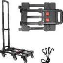 6-Wheel Black Folding Hand Truck, 440 lbs Heavy Duty Dolly, Collapsible Dolly Cart, Portable Platform Cart with 2 Elastic Ropes, Foldable Dolly Cart for Moving, Travel