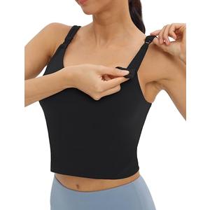 Foucome Womens Nursing Bras for Breastfeeding Maternity Tank Tops Crop Top with Built in Bra Longline Workout Sports Bra (Black, L)