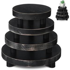 Geetery 4 Pcs Wooden Risers for Display Wood Pedestal Stand Mini Tray Stand Round Wooden Pedestal Holder Rustic Riser for Decor Tiered Tray Decor Home Kitchen, 5/6/7/8 Inch(Black)