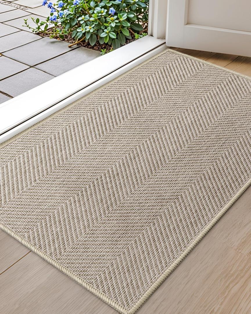 Color&Geometry Small Ultra Thin Indoor Door Mat 17"x30", Machine Washable Front Door Mat Non Slip, Low Profile Entrance Mat Indoor, Absorbent Carpet for Inside, Entry, Entryway (FOLD) (1'5" x 2'6" (Rectangular), Khaki)