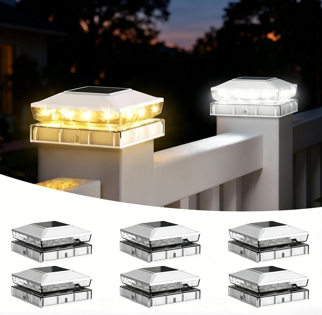 Solar Post Cap Lights Outdoor, 6 Pack Upgraded Waterproof Deck Fence Post Solar Lights for 3.5x3.5 4x4 5x5 Vinyl/Wood Posts, 10-12 Hours Warm/Cool White Glow for Garden/Patio/Porch - White