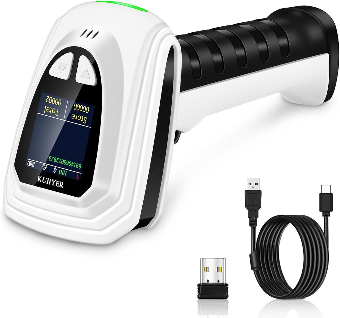 KUIIYER 1D QR 2D Barcode Scanner, Bluetooth Wireless Bar Code Scanners with Setting Keypad & LCD Screen Display & AI Voice, Handheld Barcode Reader for iPhone, Android, iPad, Tablet, Computers & POS