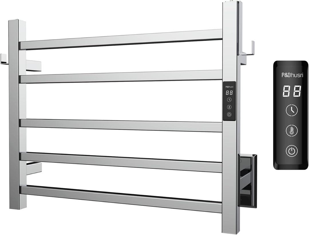 P&Bhusri Heated Towel Rack for Bathroom,Wall Mounted Electric Towel Rack with Timer and LED Indicator, 5-Bar Towel Warmer, Stainless Steel Polished, Hard-Wired/Plug-in
