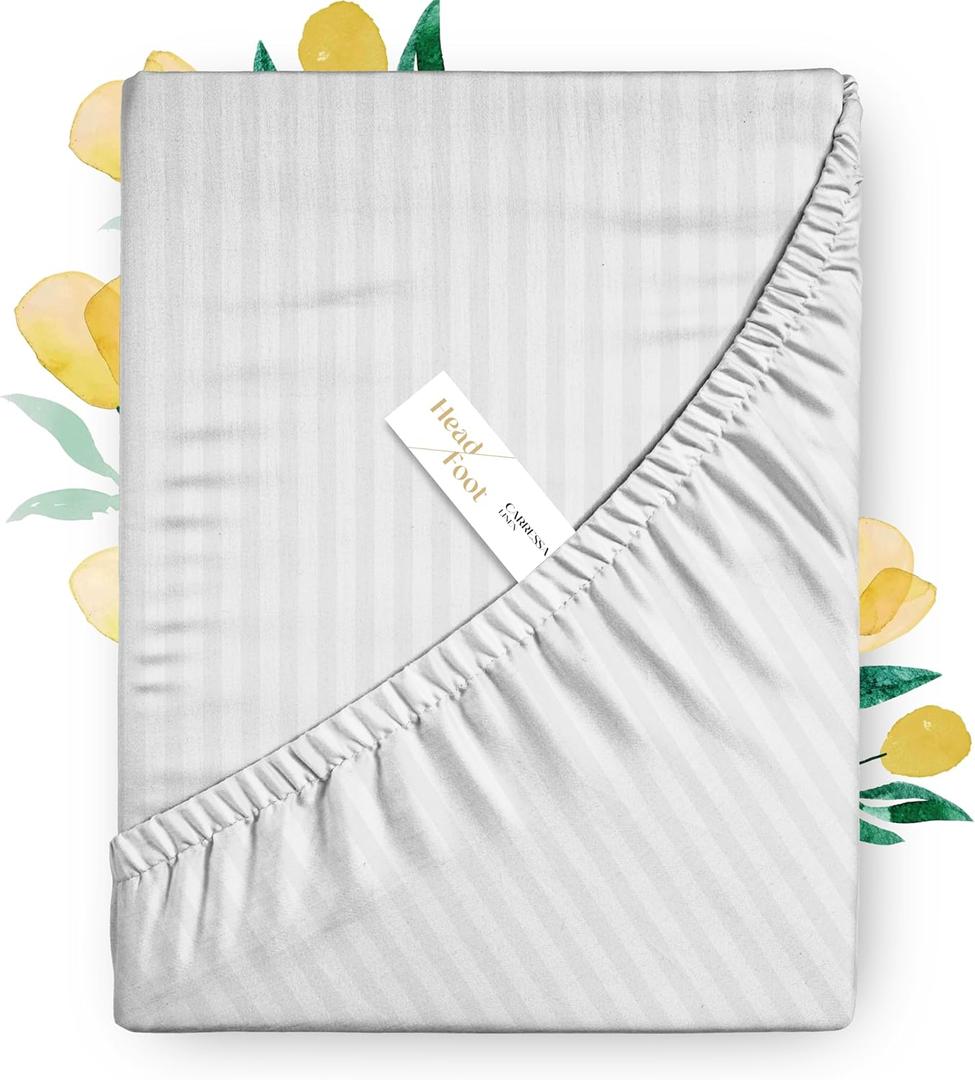 Carressa Linen 100% Egyptian Cotton Deep Pocket Queen Striped Fitted Sheet Only - 800 Thread Count Luxury Damask Fitted Sheet, Soft, Cooling Bottom, Fits Mattress Upto 18 in - White Stripe